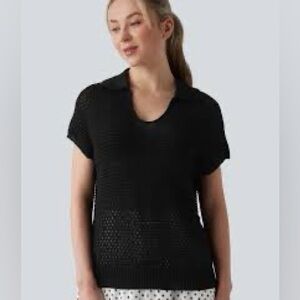 Halara V-Neck Batwing Short Sleeve Crochet Resort Sweater